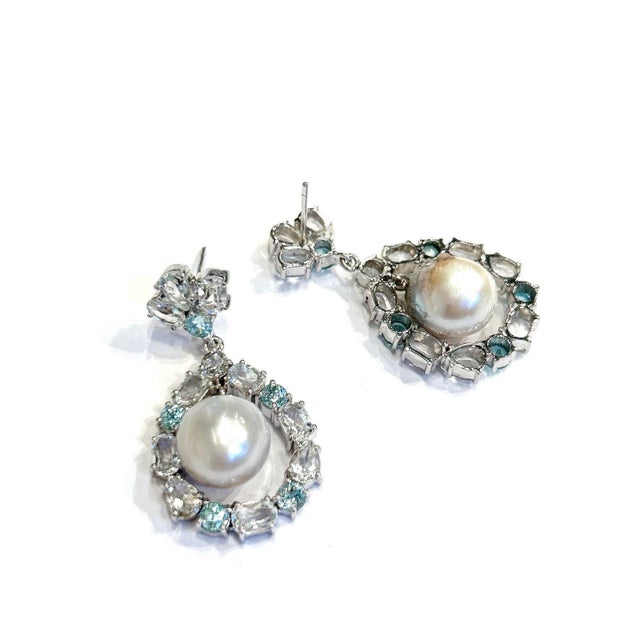 Bochic "Orient" Vintage Topaz & White Pearls Earrings Set 18K Gold & Silver For Sale - Image 12 of 18