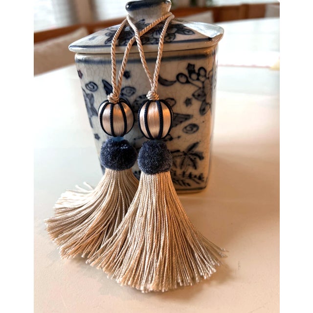Glass Petite Blue and White Beaded Key Tassel With Velvet Ruche For Sale - Image 7 of 15