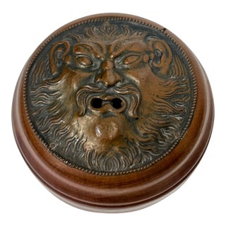 Continental Turned Wood String Jar With Copper Grotesque Mask Lid C. 1900 For Sale