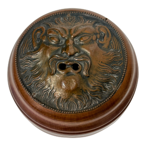 Continental Turned Wood String Jar With Copper Grotesque Mask Lid C. 1900