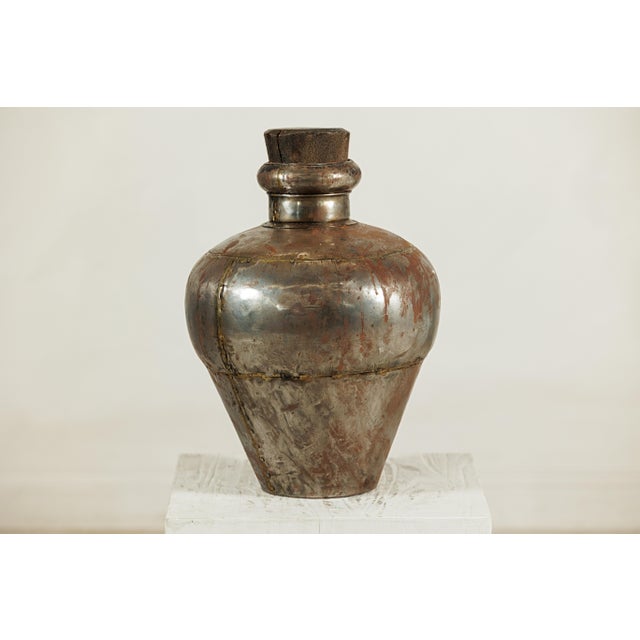 Vintage Indian Handcrafted Metal Water Vessel with Wooden Stopper For Sale - Image 13 of 18