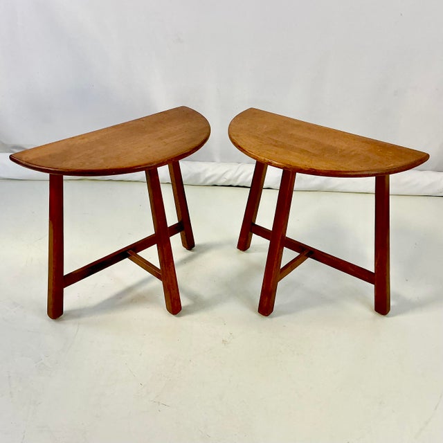 1940s Vintage Swedish Folk Art Gustavian Boho Chic Half Moon Teak Side Tables - A Pair. For Sale - Image 10 of 15