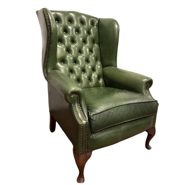 Vintage Forest Green Leather Wingchair For Sale - Image 5 of 5
