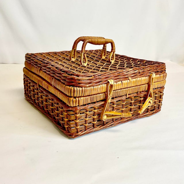 Mid-Century Boho Chic Arts & Crafts Wicker Suitcase Style Basket in Dark Stain. For Sale - Image 6 of 10