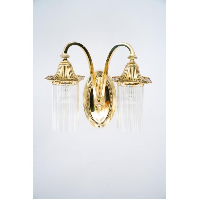 Art Deco Double Light Brass Wall Lamps with Glass Sticks, Vienna, Austria, 1920s, Set of 2 For Sale - Image 4 of 18