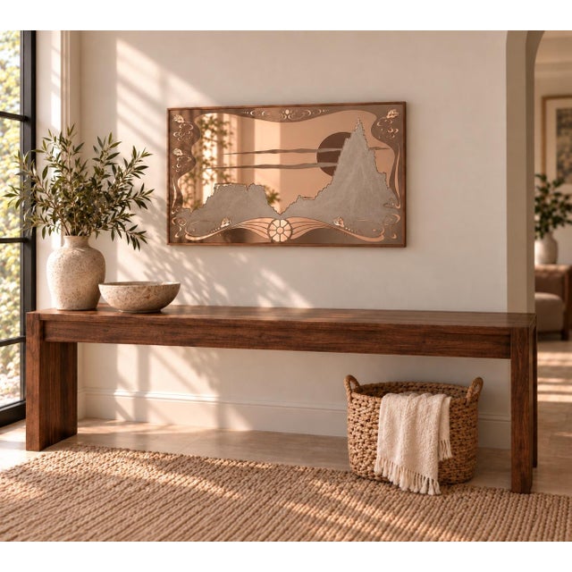 Striking decorative glass panel combining blush-toned mirrored glass with layered frosted and engraved detailing, creating...