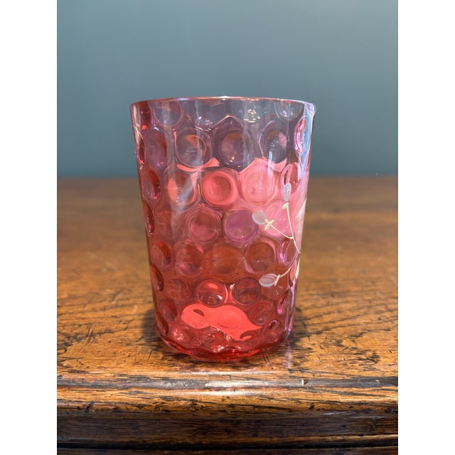 Victorian Antique Cranberry Glass Inverted Thumbprint Tumbler Hand Painted Winter Scene Mint- Mary Gregory Style For Sale - Image 3 of 9