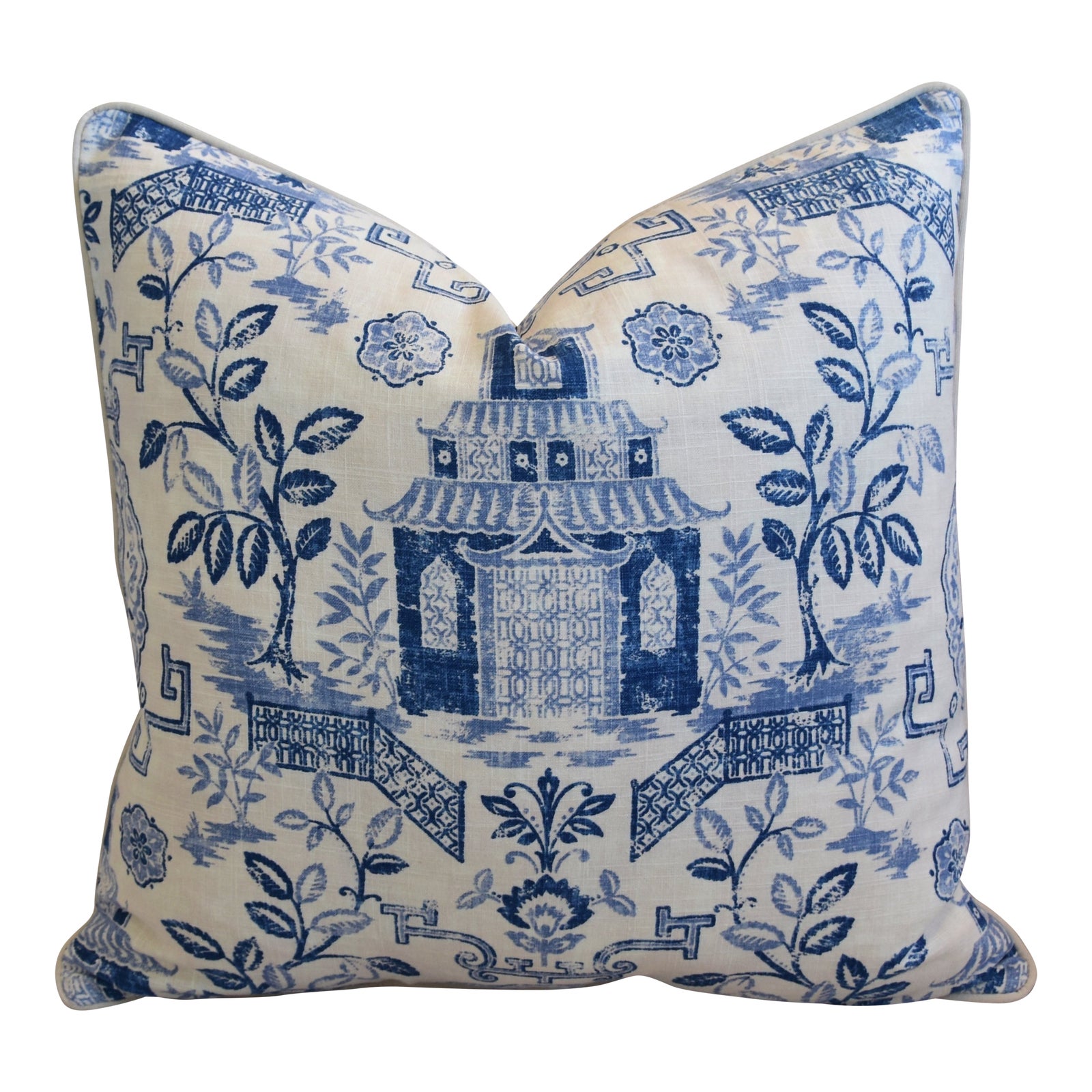 Blue & White Chinoiserie Linen & Velvet Feather/Down Pagoda Pillow 26