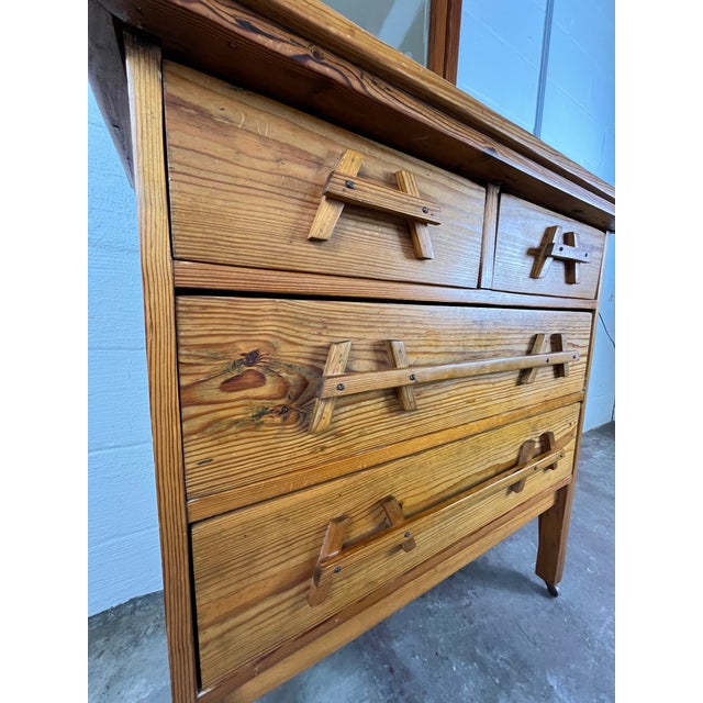 Mid 20th Century Mid 20th Century Pine Dresser With Beveled Mirror and Sculptural a-Frame Wooden Pulls For Sale - Image 5 of 10
