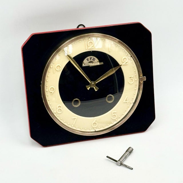 Black French Formica Wall Clock with Brass and Red Detail from FFR, 1950s For Sale - Image 8 of 14