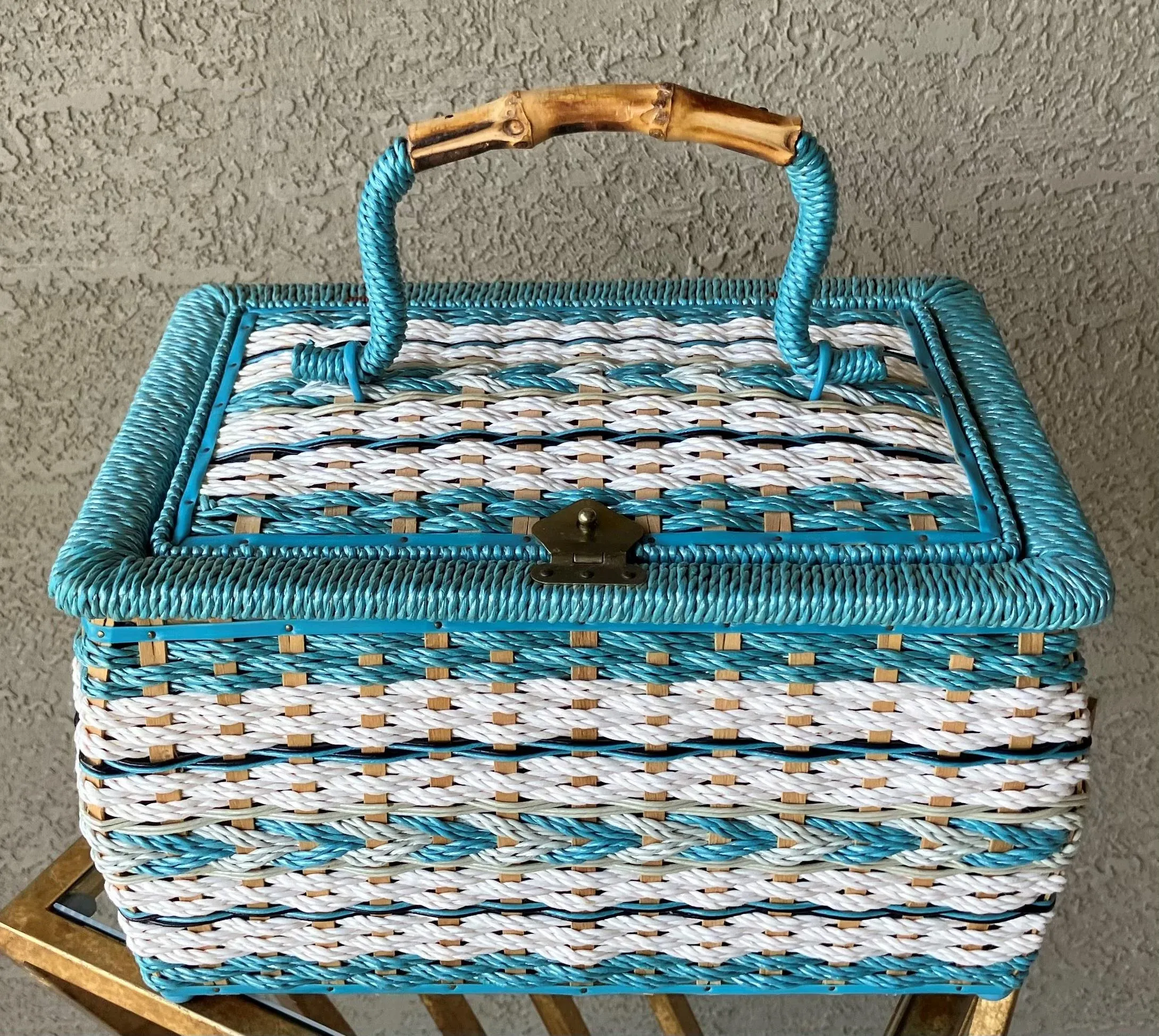 Circa 1967 Natural Bamboo Handle Rattan Sewing Basket Made