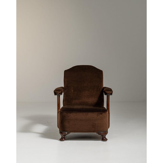 1940-1949 France Deep Espresso Brown Upholstered Wingback Armchair For Sale In Greensboro - Image 6 of 11