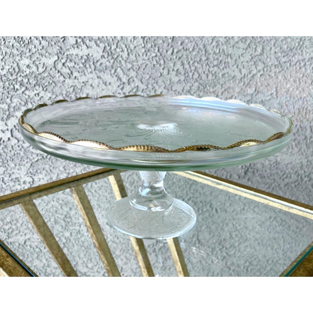1950s Circa 1950 Whimsical “Harp” Scalloped Gilt Edge Pedestal Cake Stand by Jeannette Glass For Sale - Image 5 of 18