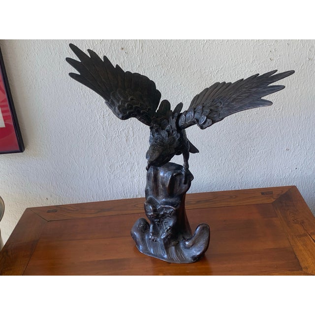Japanese Antique Japanese Cast Iron Hinged Wing Eagle Sculpture For Sale - Image 3 of 11
