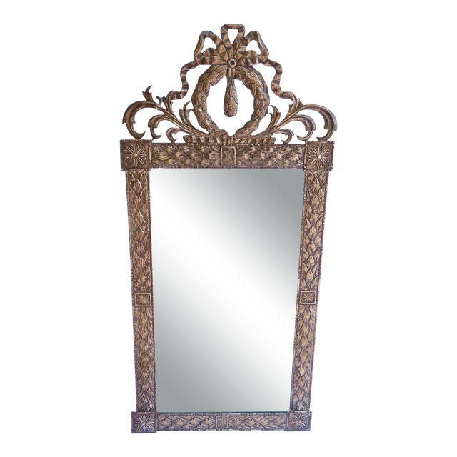 Early 19th Century French Neoclassical Silvered Repousse Mirror Bow and Wreath Motif For Sale