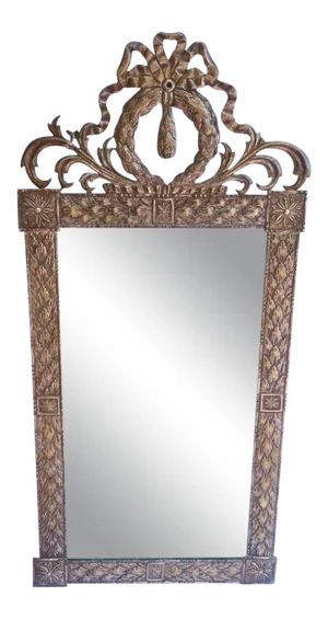 Early 19th Century French Neoclassical Silvered Repousse Mirror Bow and Wreath Motif