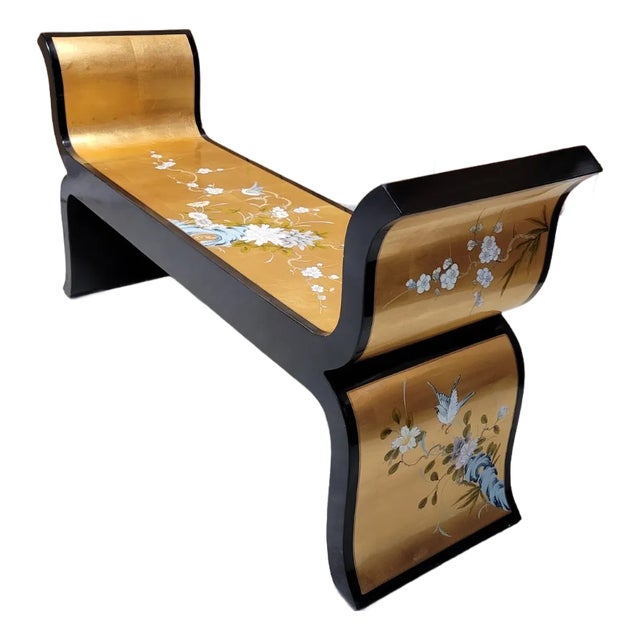 Hollywood Regency Black Lacquer & Gold Leaf Chinoiserie Bench For Sale