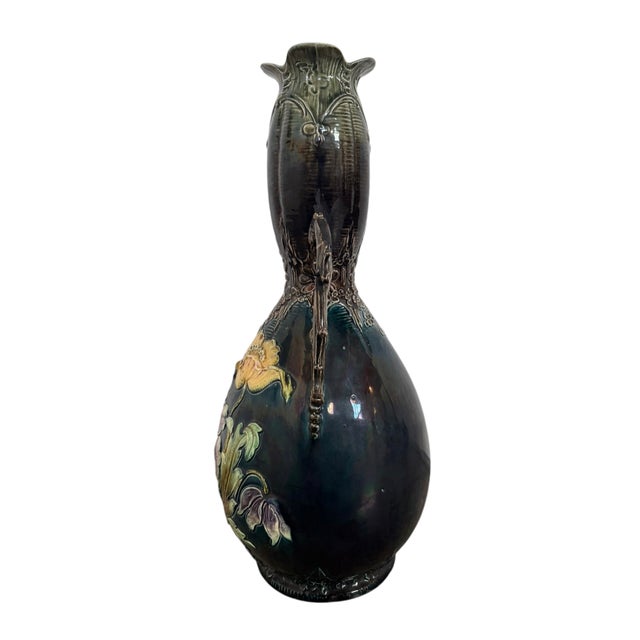 Early 20th Century French Art Nouveau Barbotine Majolica Faience Vase For Sale - Image 4 of 14
