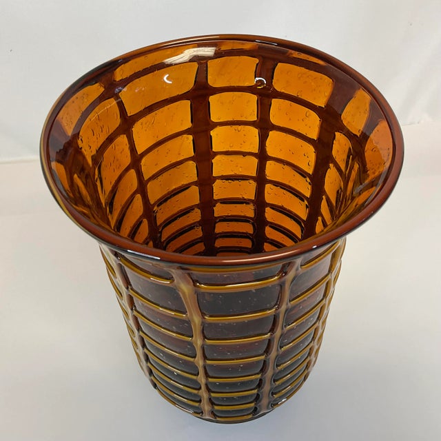 Glass 1980s Handblown Amber Glass Vase With Opaque Grid Design Encased For Sale - Image 7 of 10