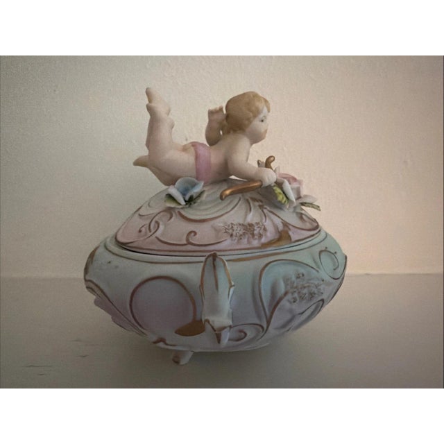 Rare Antique Norleans Bisque Candy Trinket 3 Foot Box Cherub Rose For Sale - Image 4 of 7