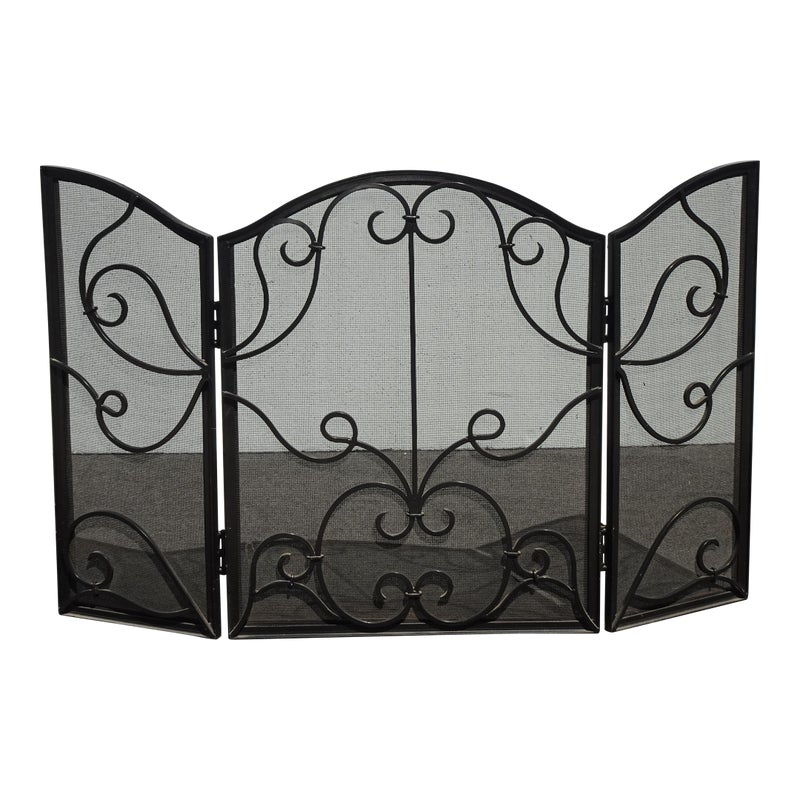 Vintage French Country Spanish Style Heavy Three Panel Black Fireplace Screen