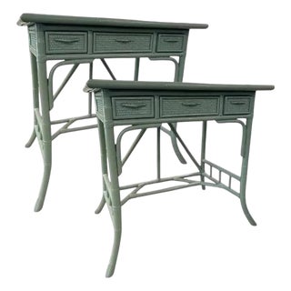 Pair of Vintage Painted Rattan Side Tables / Nightstands With Drawers For Sale