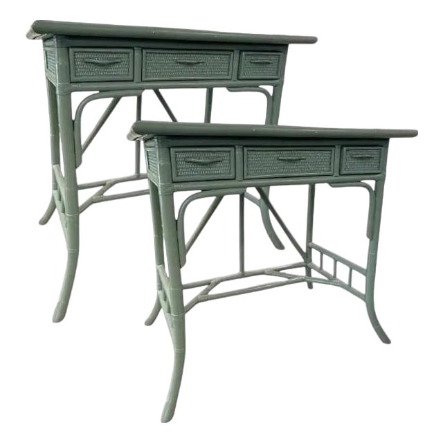 Pair of Vintage Painted Rattan Side Tables / Nightstands With Drawers For Sale
