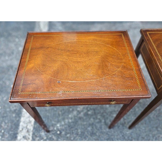 Pair of Federal Style Inlaid Mahogany Single Drawer Side Tables, Circa 1900s For Sale - Image 15 of 18