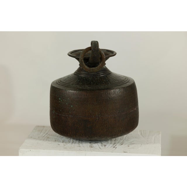 Vintage Indian Hand-Tooled Metal Milk Jug with Ring Handle, Mid-20th Century For Sale - Image 12 of 13