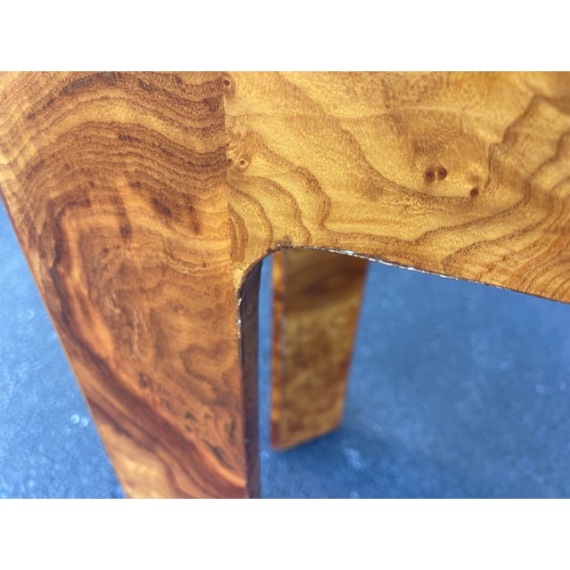 Vintage Burl Wood Milo Baughman Style Console Table With Sculptural U-Leg Base, Postmodern, Hollywood Regency For Sale - Image 11 of 12