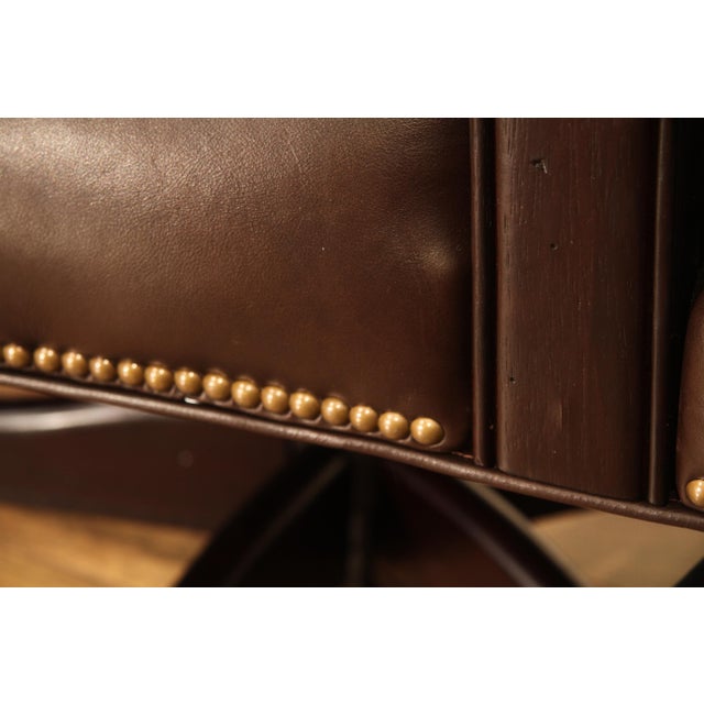 Tufted Brown Leather Executive Swivel Chair With Brass Nailhead Trim and Casters For Sale - Image 12 of 17