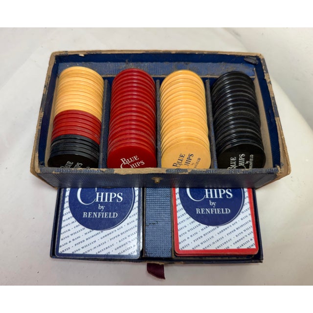 Vintage Blue Chips Renfield Bakelite Gambling Gaming Poker Chip Playing Card Set For Sale - Image 4 of 9