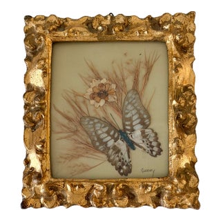 Mid-20th Century Signed Pressed Butterfly & Dried Botanical Art in Florentine-Style Cottagecore Gilt Frame Under Glass For Sale
