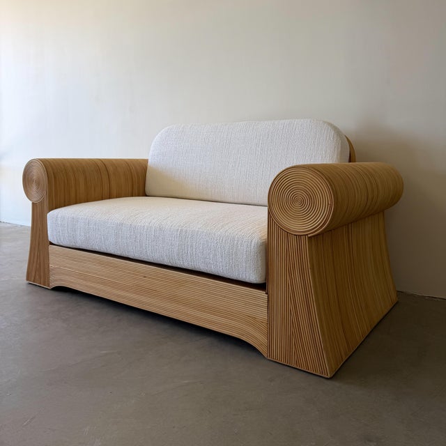 Vintage 1970s Pencil Reed Loveseat, Bouclé Upholstered Bamboo Settee, Coastal Boho Rattan Sofa For Sale In Palm Springs - Image 6 of 15