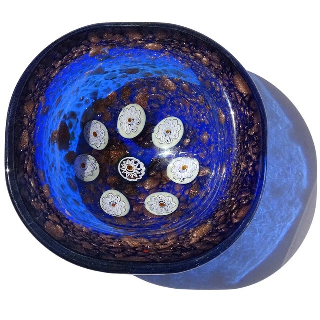 Beautiful vintage Murano hand blown rich sapphire blue, and aventurine flecks Italian art glass decorative bowl....