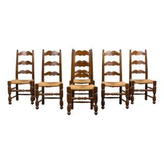 Antique French Provincial Ladder Back Walnut Dining Chairs W/ Rush Seats – Set of 6 For Sale