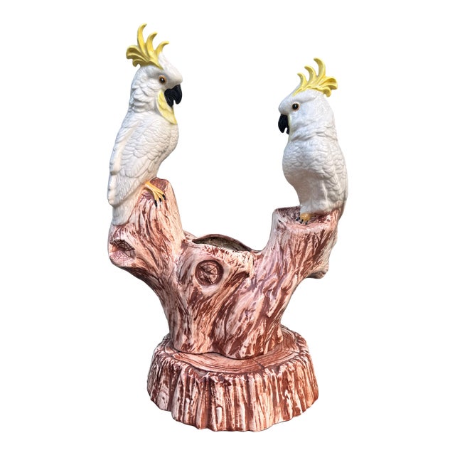 Vintage Italian Majolica Ceramic Cockatoo Planter on a Branch Stump For Sale