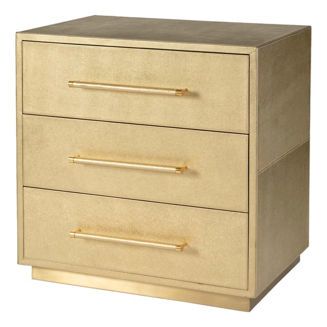 Francois 28 in. W Rectangular Wood and Leather 3 Drawer Accent Chest, Antique Gold For Sale