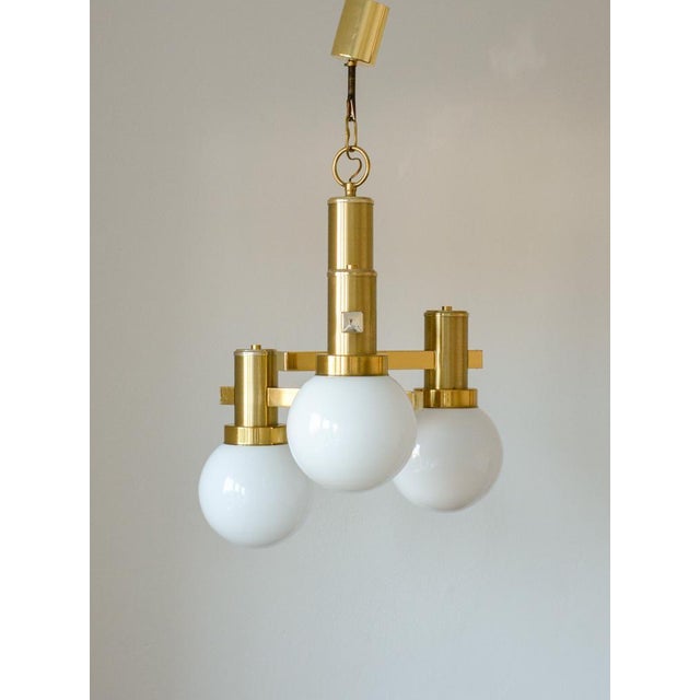 Mid-Century Modern Vintage Brass and Opaline Glass Globe Pendant Light by Gaetano Sciolari, 1970s For Sale - Image 3 of 9