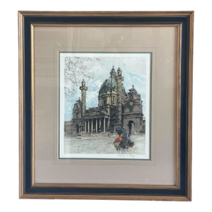 Vintage Franz Xaver Wolf Signed Etching Framed Print Vienna Karlskirche Church