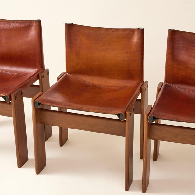 1960s Afra & Tobia Scarpa Cognac Colored "Monk" Leather Dining Chairs for Molteni 1974 - Set of 6 For Sale - Image 5 of 15