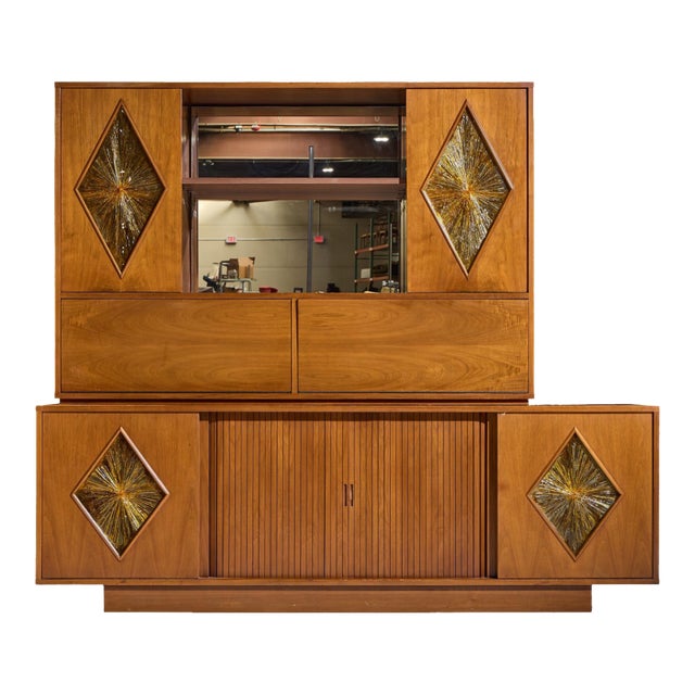 John Keal for Brown Saltman Style Mid Century Walnut Tambour Door Credenza and Hutch For Sale