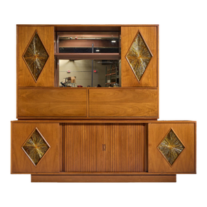 John Keal for Brown Saltman Style Mid Century Walnut Tambour Door Credenza and Hutch