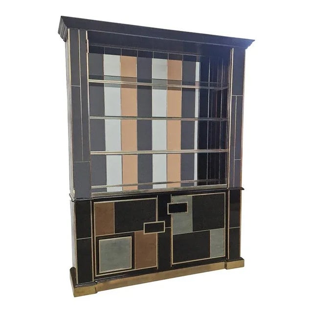 Double body bookcase with two windows, three background mirrored internal wooden shelves. Entirely handmade, with wooden...