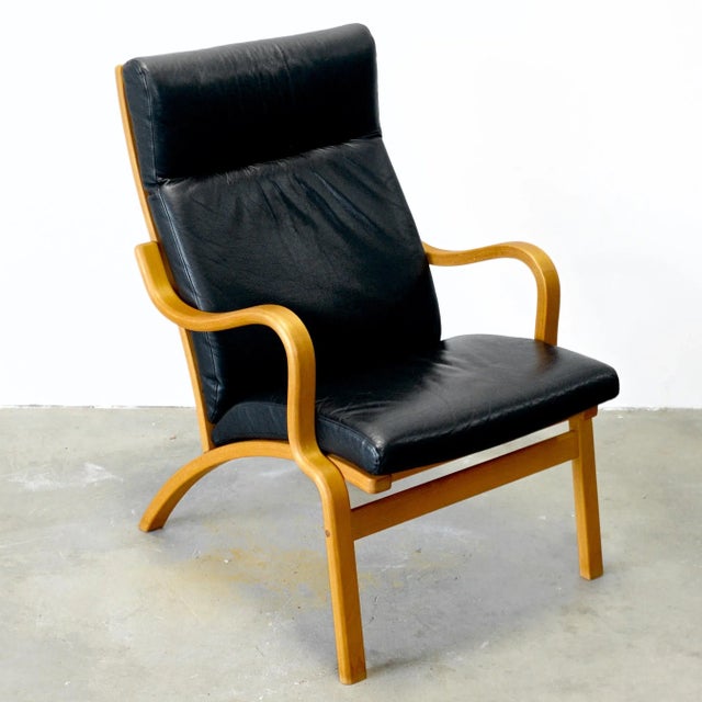 Mid-Century Modern Mid 20th Century Bentwood Beech Armchair With Black Leather Attributed to Stouby For Sale - Image 3 of 9