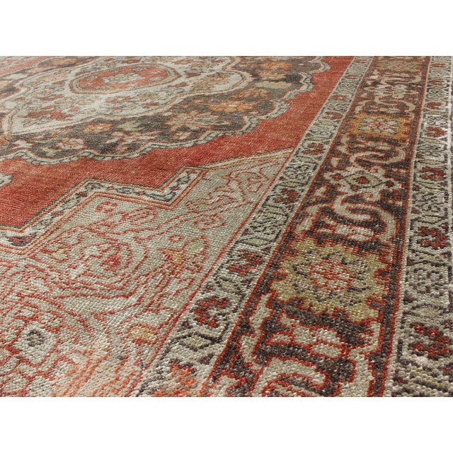 Textile Antique Turkish Oushak Rug With Floral Medallion in Red, Charcoal and Cream For Sale - Image 7 of 10