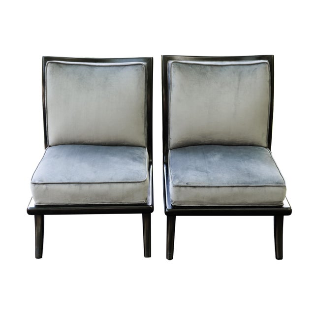 Pair Mid-Century Modern/Art Deco Ebonized Lounge Chairs With Velvet Upholstery For Sale - Image 6 of 6
