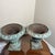 stunning vintage pair of French Country-style cast iron garden urn planters. Featuring a beautifully aged verdigris green...