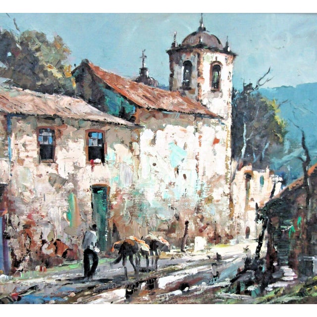1970s Vintage Durval Pereira Oil Painting Village Church Scene Brazil 47.5 X 23 Signed For Sale - Image 5 of 11