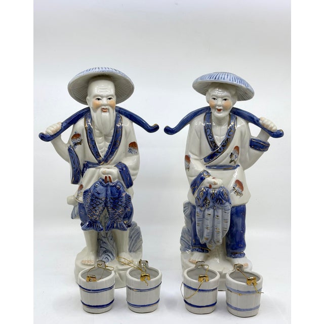 Chinoiserie Blue and White Asian Man and Woman Fishing Statues- A Set For Sale - Image 3 of 12